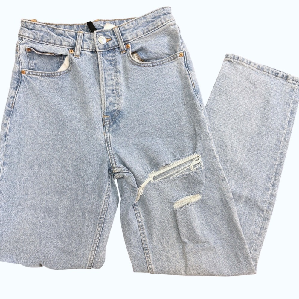 H&M Divided Womens Light Wash High Waist Distressed Straight Leg Jeans Size 4